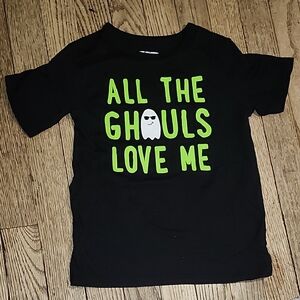 The Children's Place Black Tee with Neon Green & White Halloween Graphic